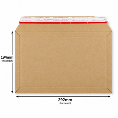 194 x 292mm Brown Rigid Cardboard Book Mailer with Peel & Seal Closure – Internal Dimensions